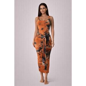 Blue S Womens Small Orange Tie Dye Sleeveless Midi Dress Tie Front Tank Soft